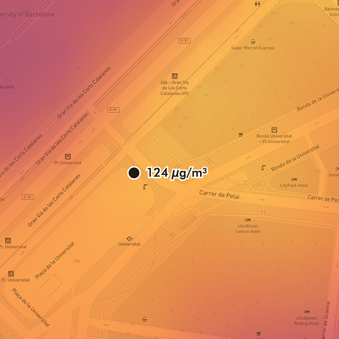 Air-quality heatmap of the city, warmer colors showing higher pollution street by street.