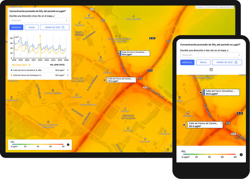 Lobelia.Air interface shown on desktop and mobile, displaying a city air-quality map.